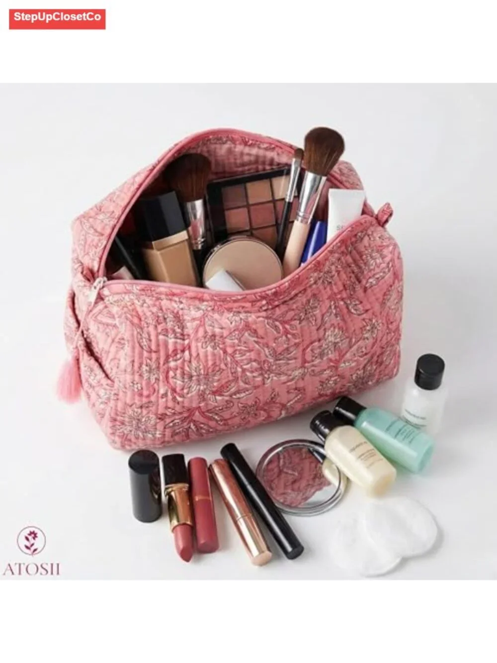 Set of 3 Quilted Cotton Handblock Print Makeup Travel Bag Toiletry Cosmetic Case